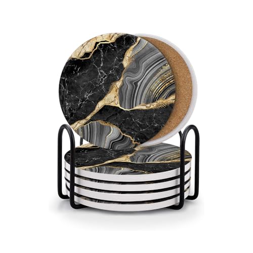 Absorbent Set of 6 Drink Coasters with Metal Holder, Black Marble Gold Agate Design Ceramic Coaster for Drinks with Cork Base, Cup Coffee Mug Place Mat for Housewarming, Home Decor - color: Black Gold Marble