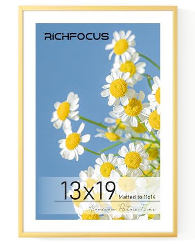 RICHFOCUS 13x19 Picture Frame Gold|13 x 19 Frame with Mat for 11x17|Metal Aluminum Photo Frames for Wall with Tempered Glass|Hanging Hardwares Included, Set of 1 - color: Gold, size: 13x19-1P-Tempered Glass
