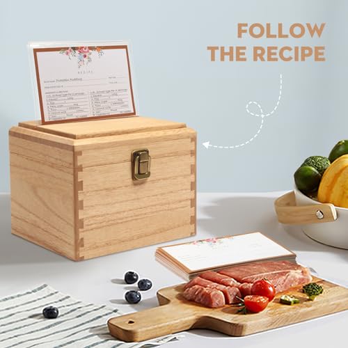 KIRIGEN Wooden Recipe Box with Cards and Dividers, 2 Compartments, Natural | Recipe Card Box Includes About 100 Cards, 100 Protectors, 12 Dividers, Acrylic Shield, Hinged Lid, and Metal Clasp - color: Natural