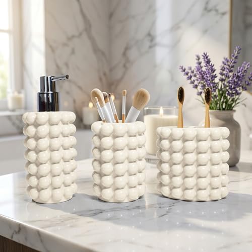 Better Trends Bathroom Accessories Set 3 Pieces Resin Bubble Textured Soap Dispenser, Toothbrush Holder & Tumbler for Vanity, Kitchen Sink & Countertop Organization Ivory Nova Collection - color: Ivory