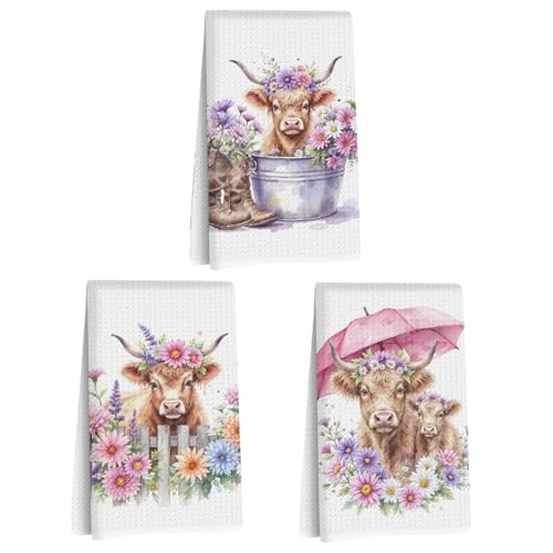 Jztco 3 Pcs Cow Kitchen Towels, Colorful Flower Soft Absorbent Hand Towels | Cow Gifts for Women Grandma Mom, Microfiber Dish Cloths for Drying Dishes, Waffle Dish Towels for Kitchen Bathroom Decor - color: Multi 1439