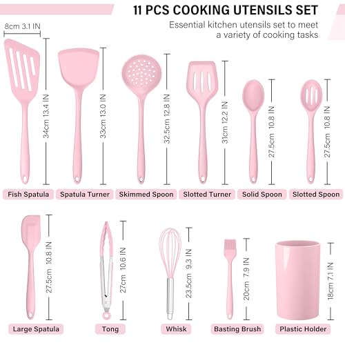 HaWare 11 PCS Silicone Cooking Utensils Set, Heat Resistant Kitchen Utensils with Holder, Food-grade Spatula Sets for Nonstick Cookware, Kitchen Tools Gadgets Include Fish Turner, Spoon (Pink) - color: Pink