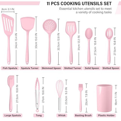 HaWare 11 PCS Silicone Cooking Utensils Set, Heat Resistant Kitchen Utensils with Holder, Food-grade Spatula Sets for Nonstick Cookware, Kitchen Tools Gadgets Include Fish Turner, Spoon (Pink) - color: Pink