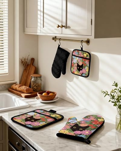 Miss Adola Cotton Oven Mitts and Pot Holders Sets, Floral Feline | Heat-resistant up to 350°F, Pure Cotton, Quilted Contact Surface, Stylish Design, with Hanging Loop, Ready to Gift Package - color: Floral Feline