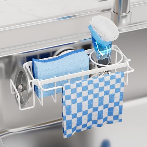 TAILI 4-in-1 Sink Caddy for Kitchen Sink with Strong Suction Cup-White | Removable Sponge Holder for Kitchen Sink Organizer, Rustproof 304 Stainless Steel Holder for Sponge, Brush, Scrubber, Scraper - color: White, size: 7.28" x 2.36"