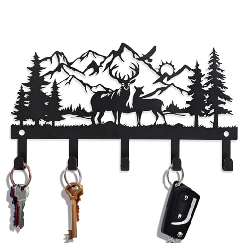Deer Mountain Metal Key Holder Wall Mount Key Holder for Wall Rustic Cabin Decor Key Rack Hooks Hanger Woodland Wildlife Wall Art Entryway Organizer Housewarming Hunting Gifts - size: Small, style: Deer