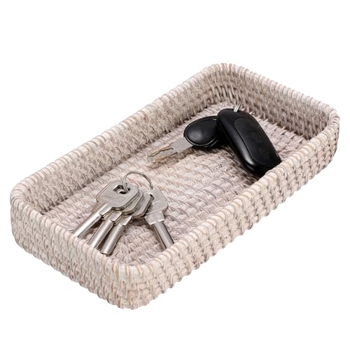 Hipiwe Rattan Key Bowl Holder Handwoven Wicker Baskets for Entryway Table | Decorative Basket Serving Tray for Keys, Rectangular Fruit Basket for Kitchen Home Decor, Whitewash - color: Whitewash, size: 8.3" x 4.7" x 1.6"