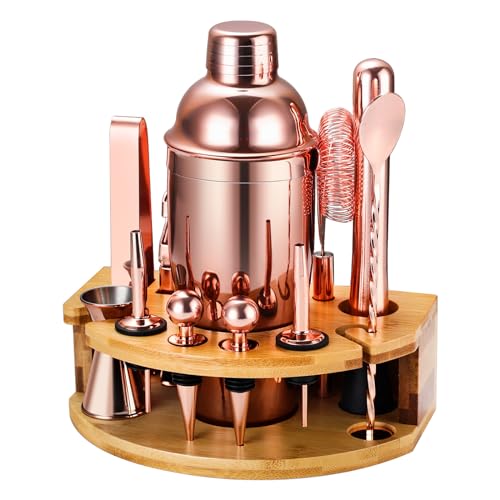 Cocktail Shaker Set Bartender Kit with Stand, 12 Piece Bar Set Drink Mixer Set with Stainless Steel Bar Accessories Tools: 25oz Martini Shaker Jigger Strainer Spoon Muddler for Cocktails (Rose Gold) - color: Rose Gold