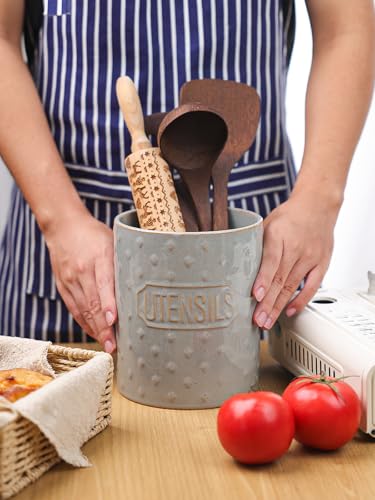 GDCZ Ceramic Utensil Holder 7 Inch, Utensil Crock for Countertop (Grey) | Large 7" Capacity, Sturdy Countertop Tool Organizer, Durable Ceramic, Embossed Utensils - color: Grey