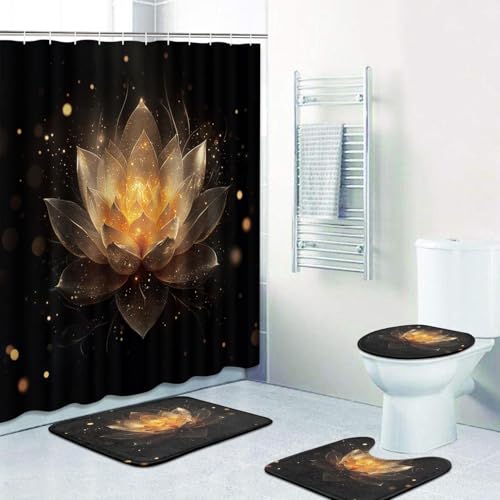 Bathroom Sets with Shower Curtain and Rugs 4 Pcs Zen Lotus | Floral Spa Gold Bathroom Decor Set with Toilet Lid Cover, Non-Slip Bath Mats and Accessories 12 Hooks - color: Lotus