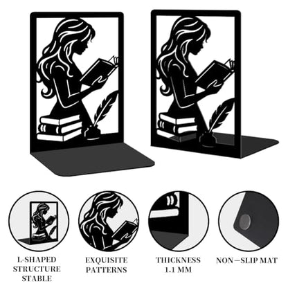 2 Pcs Metal Bookends, Unique Decorative Bookends with Reading Theme Cute Black Book Stopper for Multiple Home Styles Reading Room - style: Reading Girl