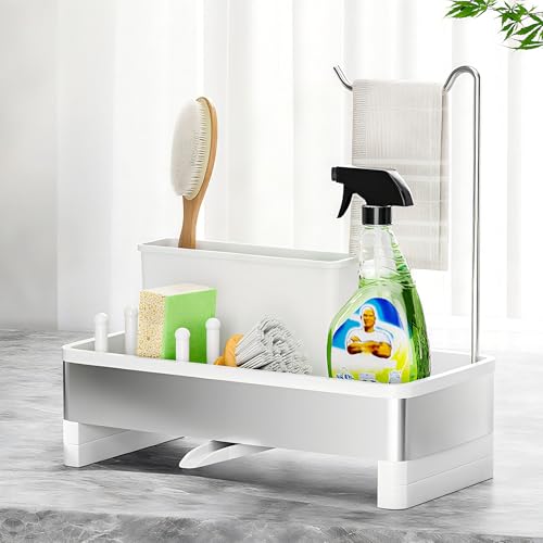 Ewaiira Sponge Holder for Kitchen Sink, Stainless Steel Sink Caddy | with Brush Holder & Dishcloth Rack, Countertop Sink Organizer, Soap Dispenser Kitchen Organizers Storage (E-White 9.8″) - color: E-white