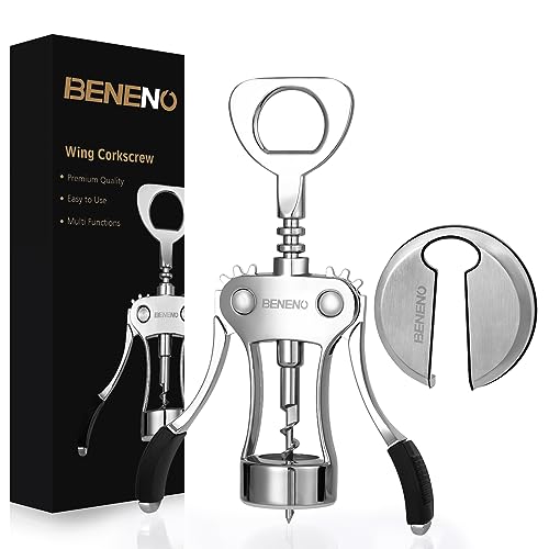 Beneno Wine Opener with Stainless Steel Wine Foil Cutter, Ash silver | Durable Solid Zinc Alloy Body, Upgraded Precise Sharp-Edged Screw, Ergonomic Wing Handle with Non-Slip Grip, Multifunctional - color: Ash silver