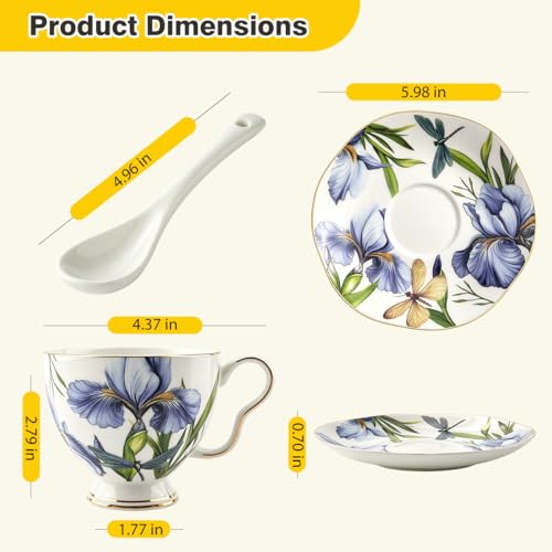 Bone China Tea Cup and Saucer Set with Spoon, 7 Oz Elegant Floral Teacup, British Style Porcelain Cup and Saucer, Gift for Women, Birthday and Christmas - color: flower-W01