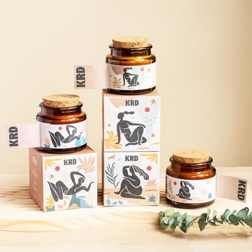 KRD Scented Candles Gift Set for Women, 120H Glass Jars Soy Wax, 6x2.6oz | 6 unique scents with 15% strong essential oil load. 6x2.6oz amber elegant glass jars. Perfect spa bath gift set for women