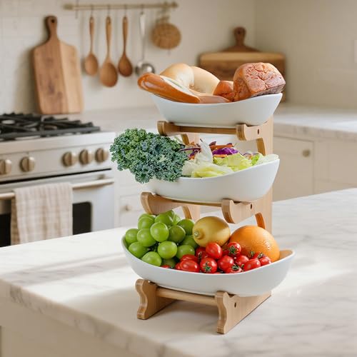 SEVEN SPARTA Fruit Bowl for Kitchen Counter - 3 Tier Ceramic Serving Bowls with Bamboo Stand, Tiered Fruit Basket for Fruit Vegetable Storage, Cake, Dessert, Nuts, Snack, Salad (Dishwasher safe) - style: 3 Tier