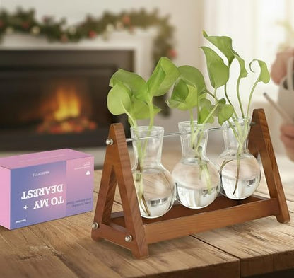 Plant Terrarium with Wooden Stand, 3 Bulb Glass Vase Metal Holder, Retro Hydroponics Planter for Home/Garden/Office Decor, for Women & Mom (1, Natural Wood, 3-Bulb)