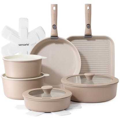 SENSARTE 17 Piece Ceramic Detachable Handle Pots and Pans Set Almond Beige | Ceramic Cookware Set, Induction Cookware Set with Removable Handle, Healthy Non Stick for RV, Dishwasher ＆ Oven Safe - color: Almond Beige, size: 17 Piece