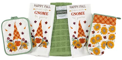 Fall Decor Kitchen Towels and Pot Holder Set: Garden Gnomes and Country Plaids with Autumn Sunflowers Welcome You from Our Gnome to Yours - color: Autumn Gnomes