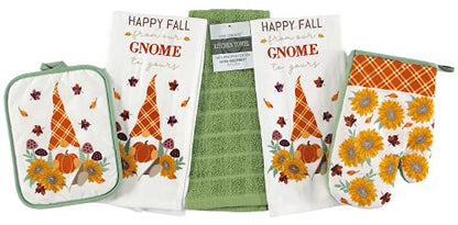 Fall Decor Kitchen Towels and Pot Holder Set: Garden Gnomes and Country Plaids with Autumn Sunflowers Welcome You from Our Gnome to Yours - color: Autumn Gnomes