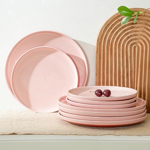 Ceramic Salad Plates Set, 8 Inch, Set of 4, Elegant Pink | Stoneware, Dishwasher & Microwave Safe, Small Dinner Plates, For Cake, Fruits, Waffle, Pasta, Salad - color: Pink, size: Salad Plates Set (4PCS)
