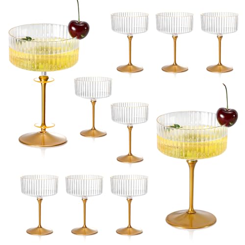 XUWAIDSGN 12 Pcs Champagne Martini Glasses 9 Oz with Gilded Removable Gold Rim Coupe Glasses Pink Martini Glasses Plastic Mimosa Vintage Coupe Glasses Set For Wedding Anniversary (12, Ribbed Gold) - color: Ribbed Gold
