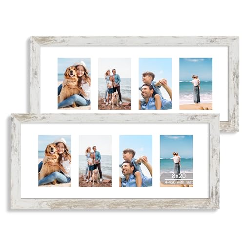 Hongkee 8x20 Picture Frame Set of 2, Distressed White Wood Frame with Tempered Glass Collage Frame, Display Pictures Four 4x6 With Mat or 8 x 20 Without Mat - Horizontal or Vertical Wall Mounting - color: Distressed White, size: 8x20 in matted to 4-4x6
