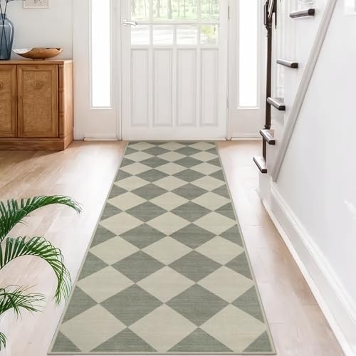 Beeiva Checkered Print Kitchen Runner Rugs Non Skid Washable 2.5x8, Ultra Thin Low Pile Green Runners for Hallways 8ft, Geometric Farmhouse Floor Carpet for Bedroom Entryway, Modern Plaid Home Decor - color: Green/Grey, size: 2.5' x 8' (Rectangular)