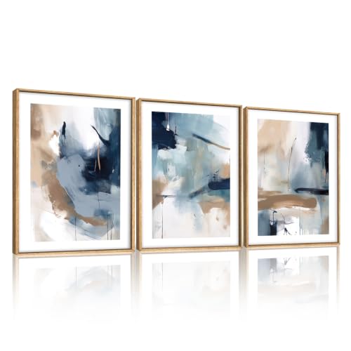 LHIUEM Abstract Navy Blue Framed Canvas Wall Art,Neutral Brush Stroke Wall Decor,Modern Pastel Brown Wall Painting,Minimalist Shapes Artwork for Living Room,Bedroom,Office- 12''x16''x3 - color: Modern Blue and Brown Wall Art, size: 12''x16''x3
