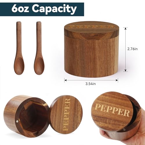 PEPPER Cellar, Acacia Wood Salt Container with Built-in Spoon & Swivel Lid, Engraved PEPPER Box, Salt Holder Bowl for Countertop Seasoning Storage - color: Acacia Wood PEPPER Cellar