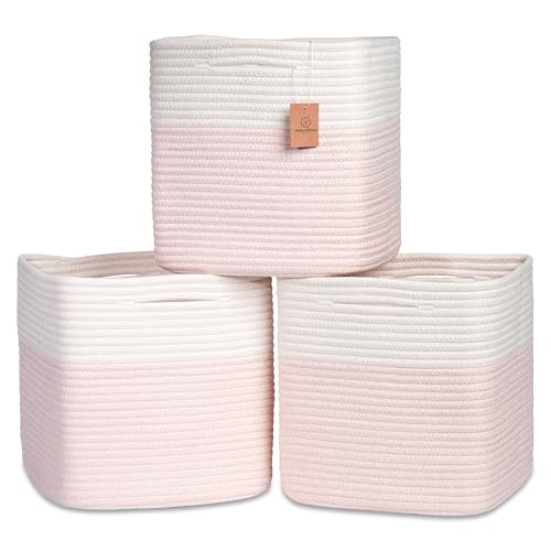 NaturalCozy 13 Inch Cube Storage Bins Cotton Rope Woven Baskets for Organizing 3-Pack | 13 x 13 Storage Cubes | Fabric Square Storage Baskets for Shelves Organizer, Kids Toy Bins, Closet Baby Nursery - color: Off White & Mixed Pink, size: 13 x 13 x 13 (St