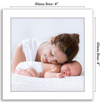 Americanflat 4x4 Picture Frame - Slim Molding - White | Shatter-resistant glass, wall or tabletop display with included easel, triangle hangers included, secure turn-tab backing - color: White, size: 4x4