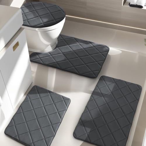 Non-Slip Memory Foam Bathroom Rug - Machine Wash, Water-absorbent Set for Toilet and Floor - Dark Grey - color: Dark Grey, size: 4 pieces