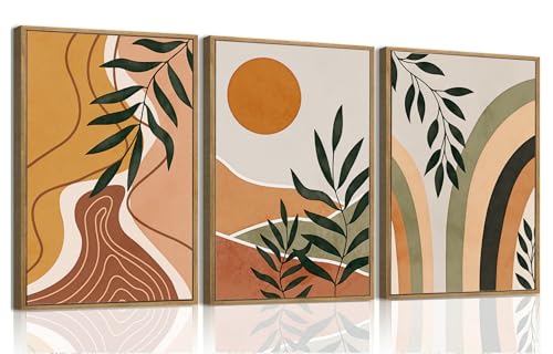Boho Sun Leaf Abstract Framed Canvas Wall Art Set of 3, 12x16 inch | Mid Century Abstract Wall Decor, Sun and Botanical Leaf Prints, Bedroom Living Room Bathroom Art - color: Sun Leaf, size: 12"x16"Natural