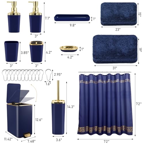 XLHOMO Bathroom Sets with Shower Curtain and Rugs Bathroom Accessories Set Navy Blue Bathroom Set,Soap Dispenser & Toilet Brush Holder Set with Stainless Steel Trash Can - size: Navy blue, style: Bath Set+Shower Curtain+Bath Rugs