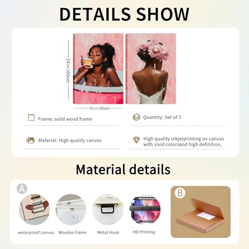 Framed modern abstract African American women's wall Art (Set 2), canvas high-definition printing, Bohemian black girl bathtub coffee fashion with pink flower on her head Black woman picture, living room, bedroom, bathroom, office decoration, 16x24 inches