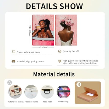 Framed modern abstract African American women's wall Art (Set 2), canvas high-definition printing, Bohemian black girl bathtub coffee fashion with pink flower on her head Black woman picture, living room, bedroom, bathroom, office decoration, 16x24 inches