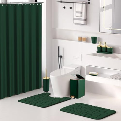 Bathroom Sets with Shower Curtain and Rugs Bathroom Accessories Set Dark Green Bathroom Set,Soap Dispenser & Toilet Brush Holder Set with Stainless Steel Trash Can(23 PCS) - size: Dark Green, style: Bath Set+Waffle Shower Curtain+Bath Rugs