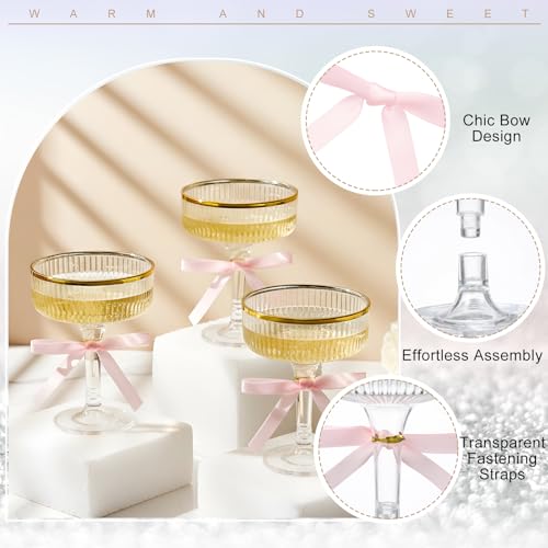 Set of 24 Plastic Champagne Coupe Glasses with Bow 7 oz Gold Champagne Tower Set Stackable Acrylic Ribbed Martini Glasses Cocktail Coupe Cup for Wedding Birthday Party Bar(Bowknot,Pink) - color: Pink, style: Bowknot