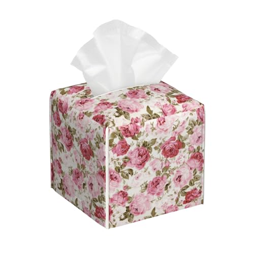 Vintage Rose Flowers Leaves Tissue Box Cover Square,Pink Floral Plants Tissue Box Holder Waterproof Leather Facial Paper Organizer Dispenser for Bathroom Home Car Nightstand Vanity Desk - color: Color-5