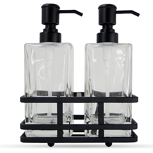 Square Glass Clear Lotion and Soap Pump Dispenser Set with Metal Stand Caddy for Bathroom Bath Kitchen Home Office Travel Hotel Hand Crafted Heavy Weight Matte Black - color: Black