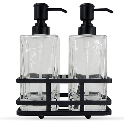 Square Glass Clear Lotion and Soap Pump Dispenser Set with Metal Stand Caddy for Bathroom Bath Kitchen Home Office Travel Hotel Hand Crafted Heavy Weight Matte Black - color: Black