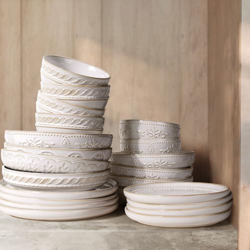 Pasta Bowls, 50oz Large Salad Serving Bowls, 9.75'' Plates Bowls Set of 4, Big White Ceramic Soup Bowls for Kitchen, Embossment Shallow Dinner Bowl, Microwave Dishwasher Safe, Willow Leaf - color: White (Willow Leaf)