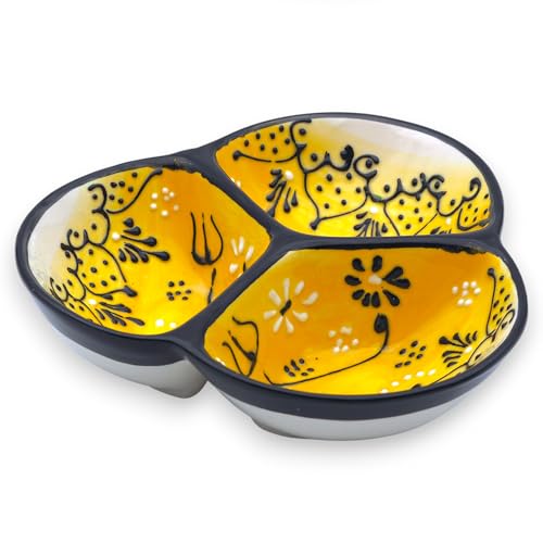 3-Compartment Ceramic Serving Dish, Handmade in Spain | 7.5” divided chip and dip bowl with lead-free glaze, microwave, oven and dishwasher safe, ideal for tapas, snacks and sauces - color: Onyx Yellow