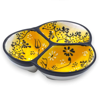 3-Compartment Ceramic Serving Dish, Handmade in Spain | 7.5” divided chip and dip bowl with lead-free glaze, microwave, oven and dishwasher safe, ideal for tapas, snacks and sauces - color: Onyx Yellow