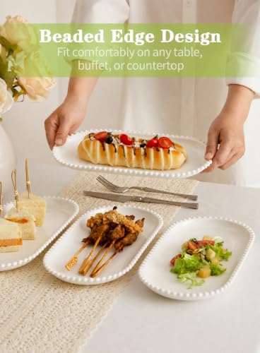 12 Inch Porcelain Serving Platters, White Ceramic Trays, Set of 6 | Oval Serving Plate with Beaded Edge, For Steak, Taco, Sushi, Appetizer, Cake, Dishwasher & Oven Safe