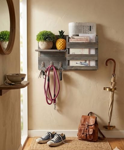 Wall-Mounted Key Holder Hooks - Rustic Wood Weathered Grey & Black - Entryway Organizer for Mail, Leashes, and Purses - Floating Shelf, 16.5” W x 9.75" H x 4.5” D - color: Weathered Grey & Black Organizer & Wood Shelf
