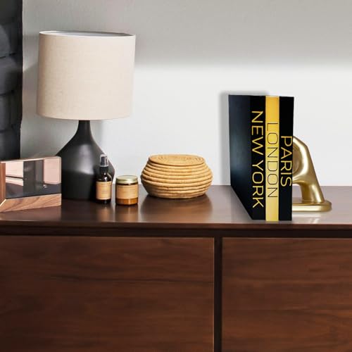 AZEZO Set of 3 Decorative Books for Home Decor – Decorative Hardcover Display Faux Books for Bookshelf and Coffee Table – Black and Gold Foiled – Paris London New York Themed