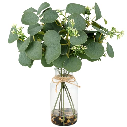 14" Artificial Eucalyptus Stems in Glass Vase with Faux Water Stones | Fake Eucalyptus Leaves with Realistic Faux Water and Stones for Indoor Table Centerpieces Shelves Desks Bathrooms Home Decor - color: Green