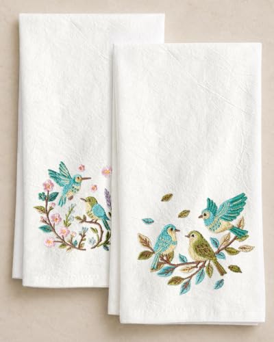 Embroidered Flour Sack Kitchen Towels, Cute Birdie | Exquisite Embroidery, Pure Cotton, Lightweight, Nostalgic Design, with Hanging Loop, Softer After Wash, Machine Washable - color: Birdie